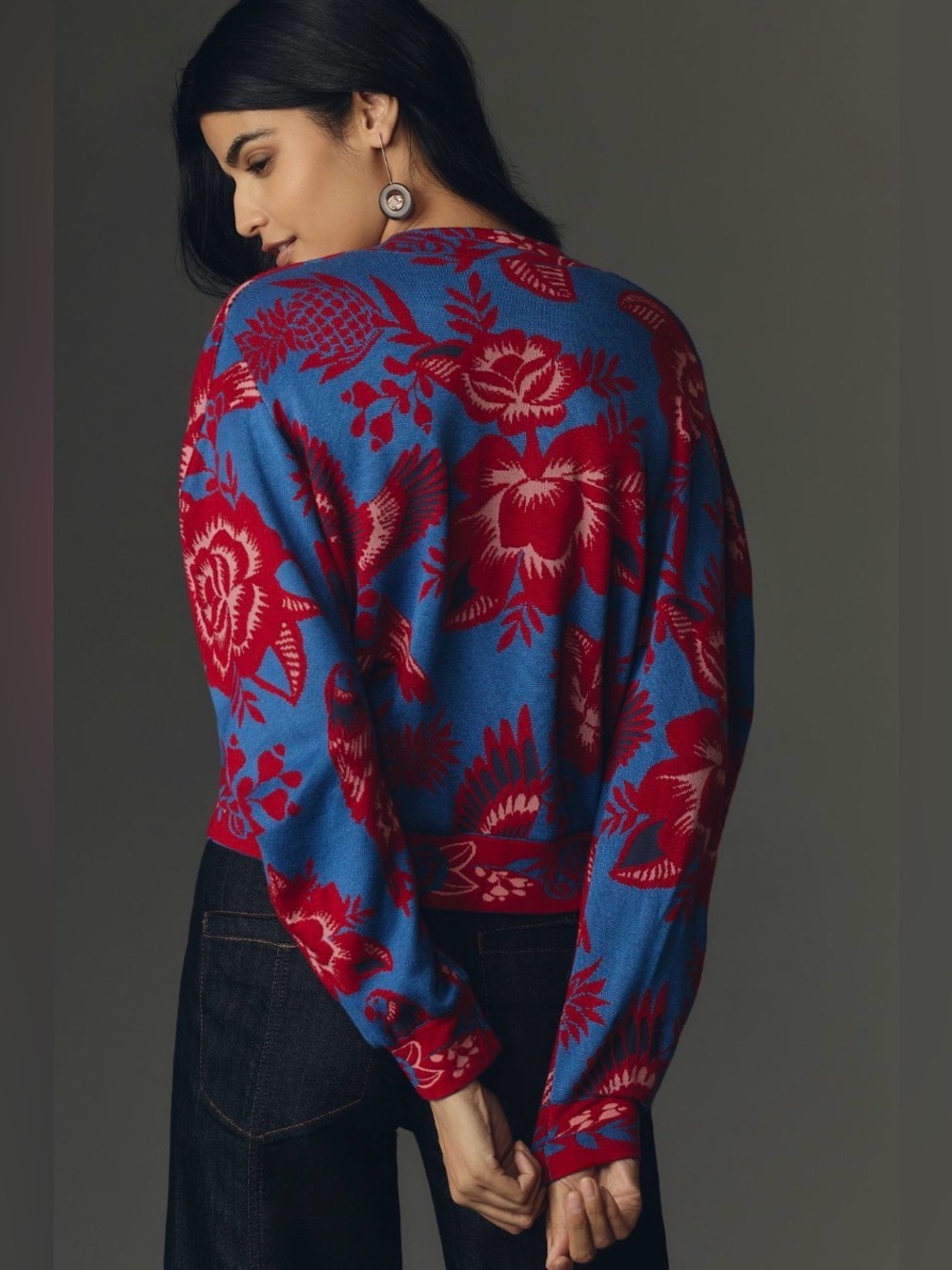 FARM Rio Lace Garden Knit Blue and Red Floral V-Neck Cardigan Sweater - Picture 2 of 6